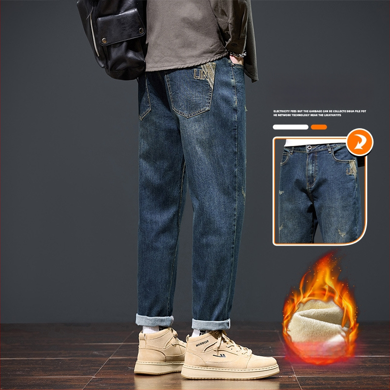 Džinsu platām kājām bikses ar flisa oderi – taisa griezuma, viduklis vidēji, vienkrāsains, jauneklīgs stils, rudens 2025