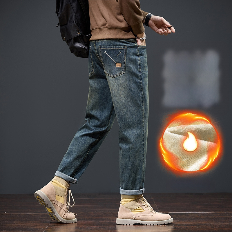 Džinsu platām kājām bikses ar flisa oderi – taisa griezuma, viduklis vidēji, vienkrāsains, jauneklīgs stils, rudens 2025