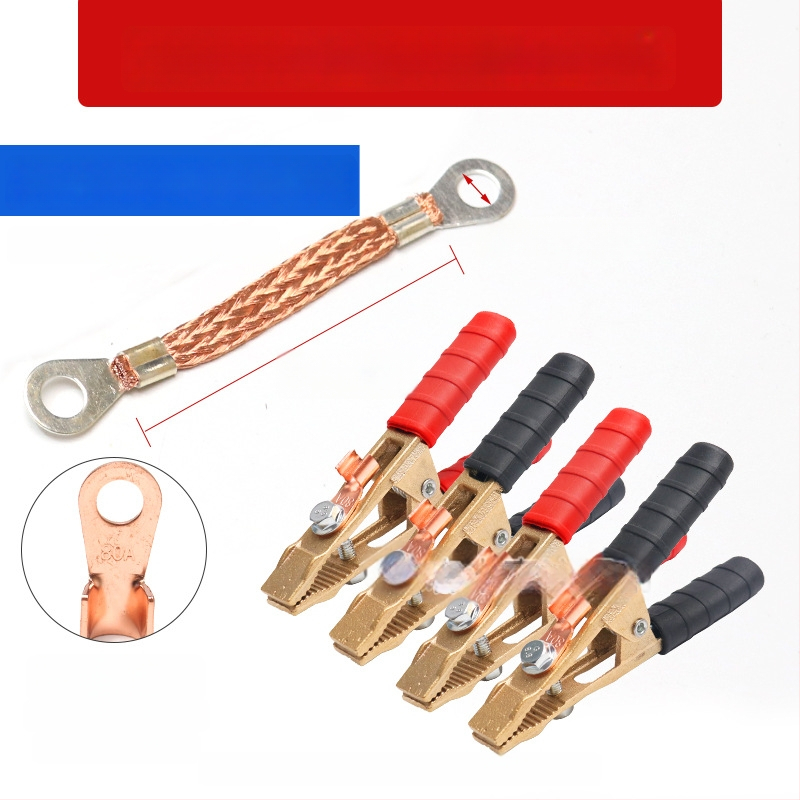 Baterijos laikiklis su grynu vario krokodilo klipu, laidų jungtis ir sustiprinta žemės skava