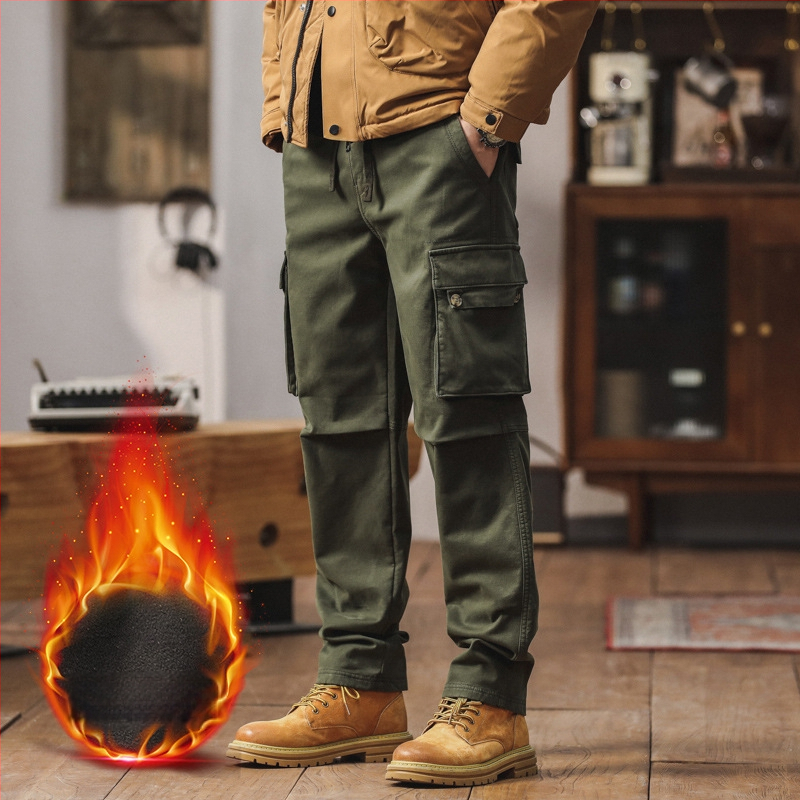 Vīriešu cargo bikses ar taisnu piegriezumu, flīsa odere, kokvilnas maisījuma audums, vidēja jostas vieta, ar vairākām kabatām