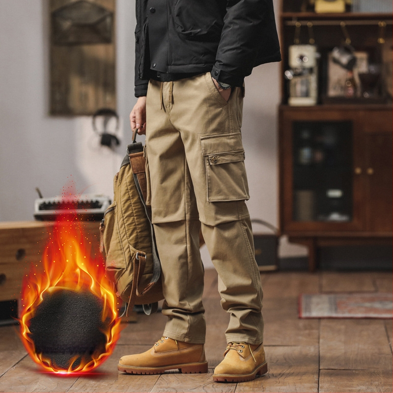 Vīriešu cargo bikses ar taisnu piegriezumu, flīsa odere, kokvilnas maisījuma audums, vidēja jostas vieta, ar vairākām kabatām