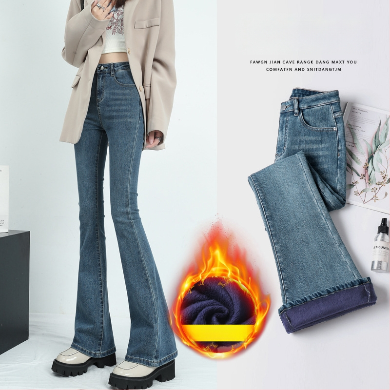 Τζιν από ντένιμ με υψηλή μέση, ελαφρώς φαρδιά γραμμή, με υψηλή ελαστικότητα και επένδυση φλίς για φθινοπωρινό/χειμερινό