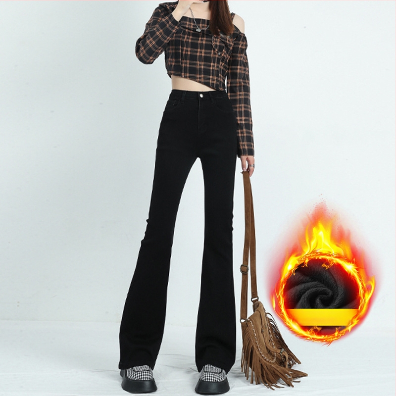 Τζιν από ντένιμ με υψηλή μέση, ελαφρώς φαρδιά γραμμή, με υψηλή ελαστικότητα και επένδυση φλίς για φθινοπωρινό/χειμερινό