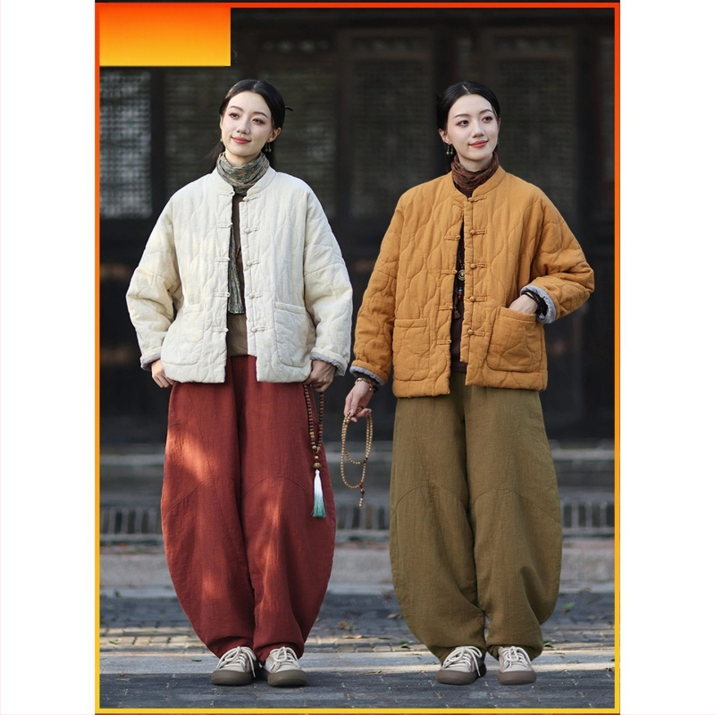 Moteriška budizmo stiliaus striukė su Kinijos nacionaliniu stiliumi, ramie-pamuko mišinys, užpildyta medvilne, žiema 2025