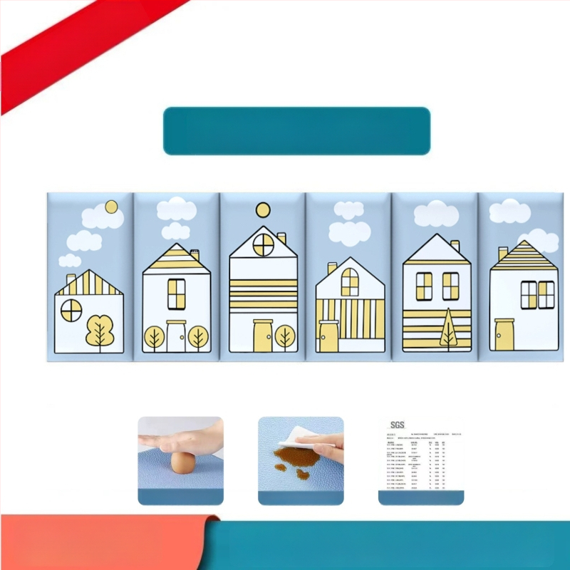 Стенно противоударно подплатено табло за детска стая – мек PU кожа, обграждано около леглото с татами, водоустойчиво, модерен стил