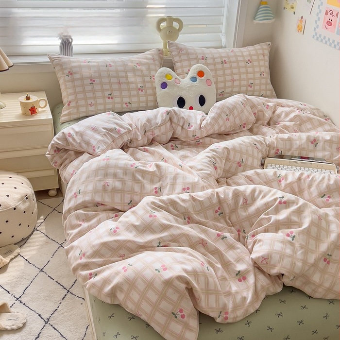 Megzti medvilniniai patalynės komplektas, keturių dalių — reakcijos spausdinimas, animacinių personažų ir augalų žiedų raštai, tinkamas visiems metų laikams