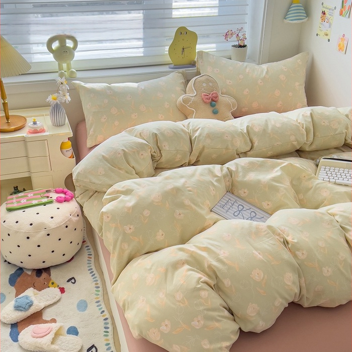 Megzti medvilniniai patalynės komplektas, keturių dalių — reakcijos spausdinimas, animacinių personažų ir augalų žiedų raštai, tinkamas visiems metų laikams