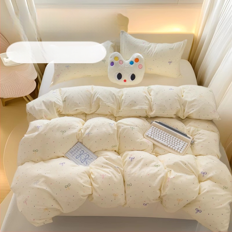 Megzti medvilniniai patalynės komplektas, keturių dalių — reakcijos spausdinimas, animacinių personažų ir augalų žiedų raštai, tinkamas visiems metų laikams