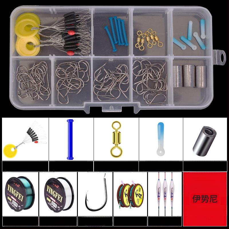 Žvejybos kabliukų rinkinys — įprastas kabliukas, įskaitant žvejybos liniją ir plūdę, žvejybos priedų komplektas