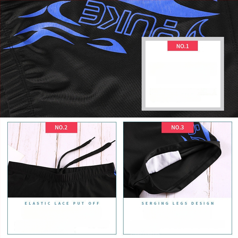 Vyrų maudymosi komplektas su maudymosi šortais, plaukimo akiniais ir kepure – poliesterio audinys, spausdintas raštas, poliesterio įdėklas; tinkamas plaukimui ir vandens sportams.