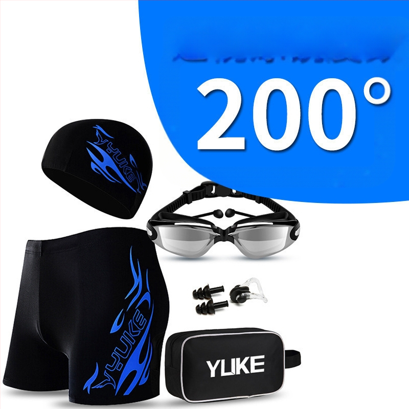 Vyrų maudymosi komplektas su maudymosi šortais, plaukimo akiniais ir kepure – poliesterio audinys, spausdintas raštas, poliesterio įdėklas; tinkamas plaukimui ir vandens sportams.