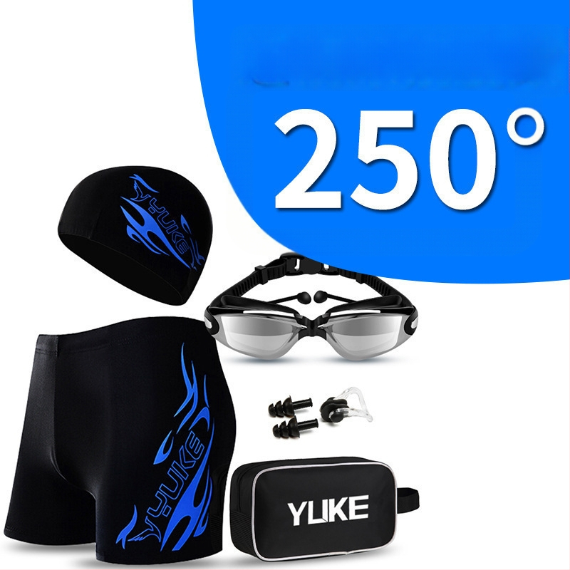 Vyrų maudymosi komplektas su maudymosi šortais, plaukimo akiniais ir kepure – poliesterio audinys, spausdintas raštas, poliesterio įdėklas; tinkamas plaukimui ir vandens sportams.