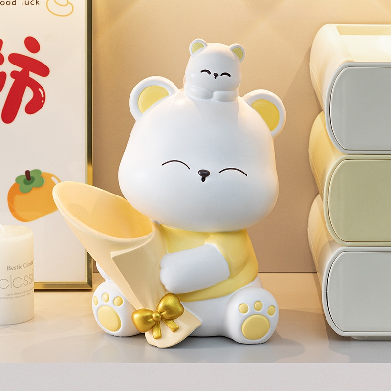 Διακοσμητική φιγούρα από ρητίνη: αρκουδάκι που αγκαλιάζει λουλούδια, κατάλληλη για ράφι τηλεόρασης και γραφείο — μοντέρνο μινιμαλιστικό στιλ; ιδανικό δώρο