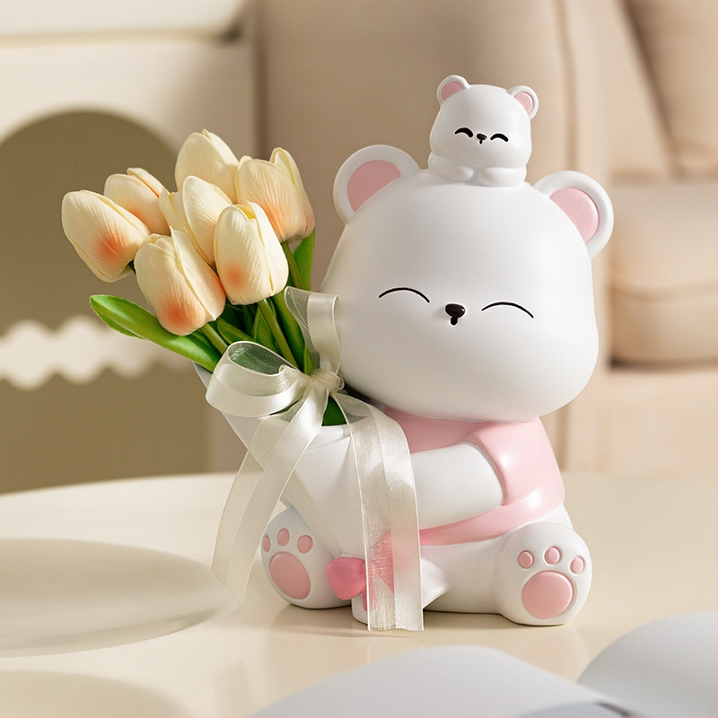Διακοσμητική φιγούρα από ρητίνη: αρκουδάκι που αγκαλιάζει λουλούδια, κατάλληλη για ράφι τηλεόρασης και γραφείο — μοντέρνο μινιμαλιστικό στιλ; ιδανικό δώρο