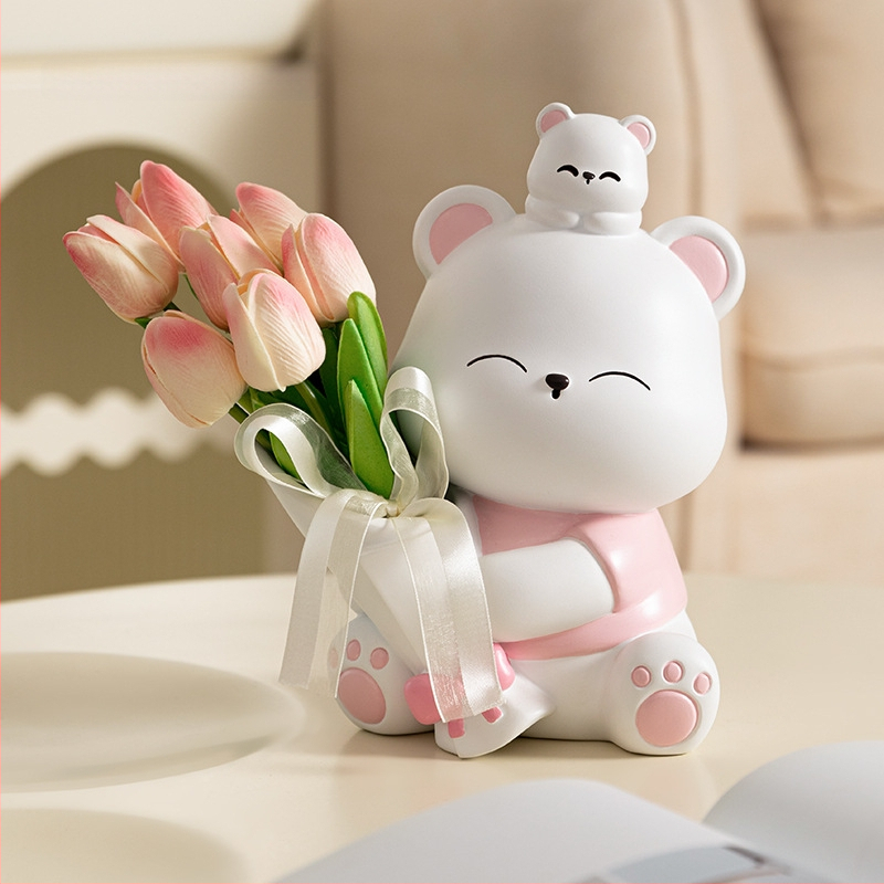 Διακοσμητική φιγούρα από ρητίνη: αρκουδάκι που αγκαλιάζει λουλούδια, κατάλληλη για ράφι τηλεόρασης και γραφείο — μοντέρνο μινιμαλιστικό στιλ; ιδανικό δώρο