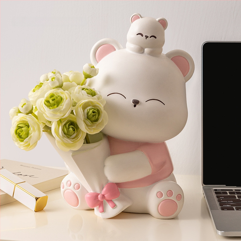 Διακοσμητική φιγούρα από ρητίνη: αρκουδάκι που αγκαλιάζει λουλούδια, κατάλληλη για ράφι τηλεόρασης και γραφείο — μοντέρνο μινιμαλιστικό στιλ; ιδανικό δώρο