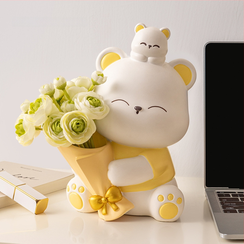 Διακοσμητική φιγούρα από ρητίνη: αρκουδάκι που αγκαλιάζει λουλούδια, κατάλληλη για ράφι τηλεόρασης και γραφείο — μοντέρνο μινιμαλιστικό στιλ; ιδανικό δώρο