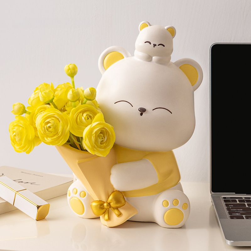 Διακοσμητική φιγούρα από ρητίνη: αρκουδάκι που αγκαλιάζει λουλούδια, κατάλληλη για ράφι τηλεόρασης και γραφείο — μοντέρνο μινιμαλιστικό στιλ; ιδανικό δώρο