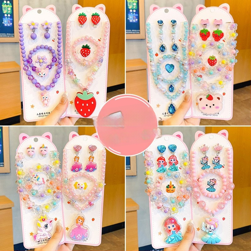 Vaikų papuošalų komplektas: karoliai, šviesos apyrankė, auskarai su kabliu ir žiedas – animacinių filmų princesės serija, plastikas/derva, amžius 3-10 metų