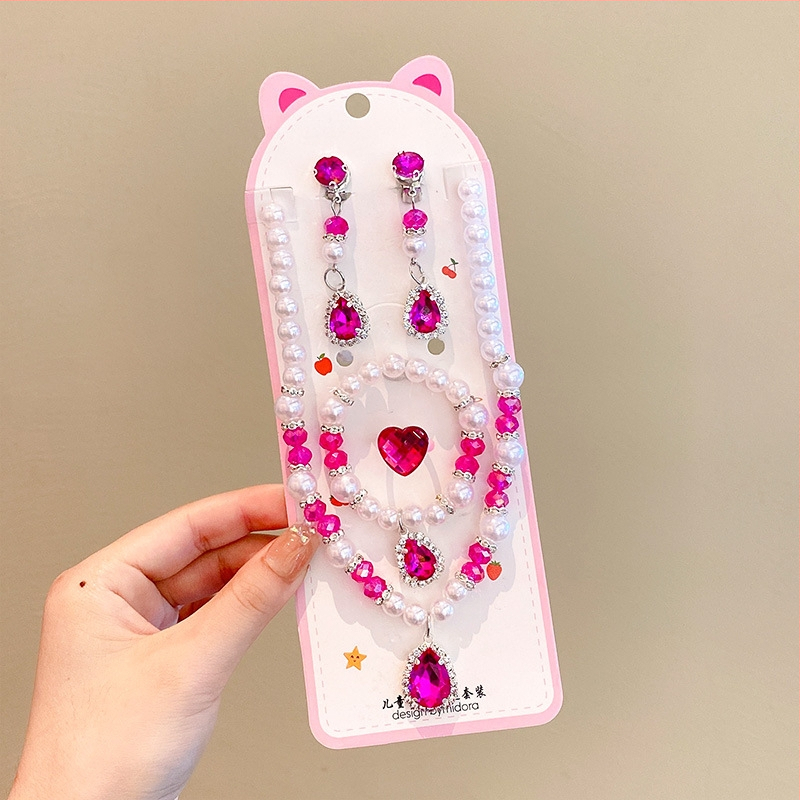 Vaikų papuošalų komplektas: karoliai, šviesos apyrankė, auskarai su kabliu ir žiedas – animacinių filmų princesės serija, plastikas/derva, amžius 3-10 metų