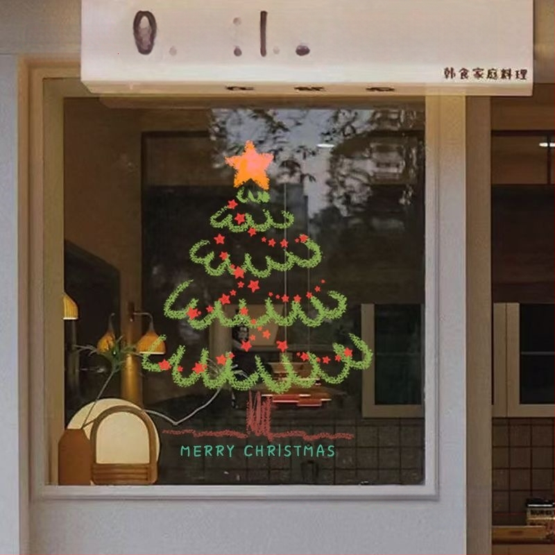 Elektriniai langų lipdukai Kalėdinėms dekoracijoms - Kalėdų Senelis su eglute, gėlių raštas, PVC, 5+ vnt, svetainė, plokšti sieniniai lipdukai