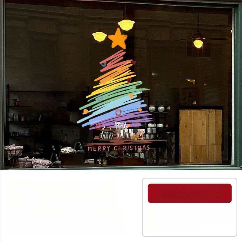 Elektriniai langų lipdukai Kalėdinėms dekoracijoms - Kalėdų Senelis su eglute, gėlių raštas, PVC, 5+ vnt, svetainė, plokšti sieniniai lipdukai