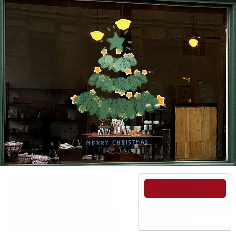 Elektriniai langų lipdukai Kalėdinėms dekoracijoms - Kalėdų Senelis su eglute, gėlių raštas, PVC, 5+ vnt, svetainė, plokšti sieniniai lipdukai