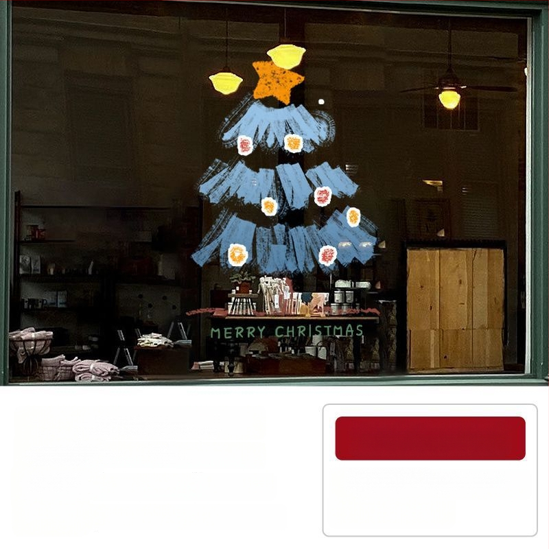 Elektriniai langų lipdukai Kalėdinėms dekoracijoms - Kalėdų Senelis su eglute, gėlių raštas, PVC, 5+ vnt, svetainė, plokšti sieniniai lipdukai