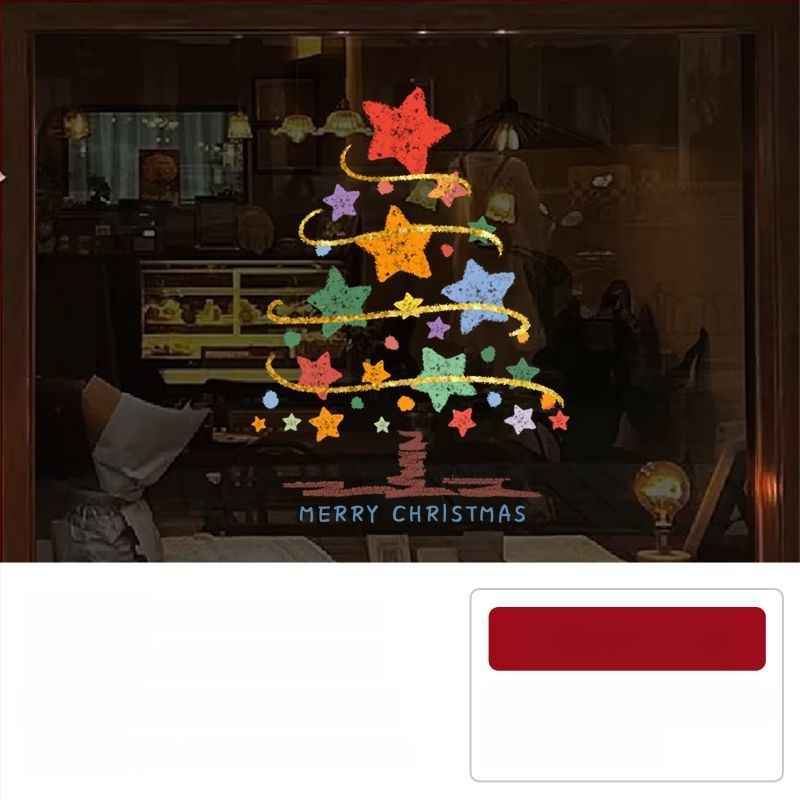 Elektriniai langų lipdukai Kalėdinėms dekoracijoms - Kalėdų Senelis su eglute, gėlių raštas, PVC, 5+ vnt, svetainė, plokšti sieniniai lipdukai