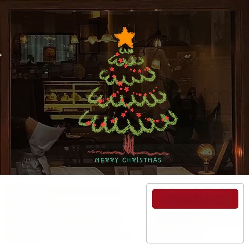 Elektriniai langų lipdukai Kalėdinėms dekoracijoms - Kalėdų Senelis su eglute, gėlių raštas, PVC, 5+ vnt, svetainė, plokšti sieniniai lipdukai