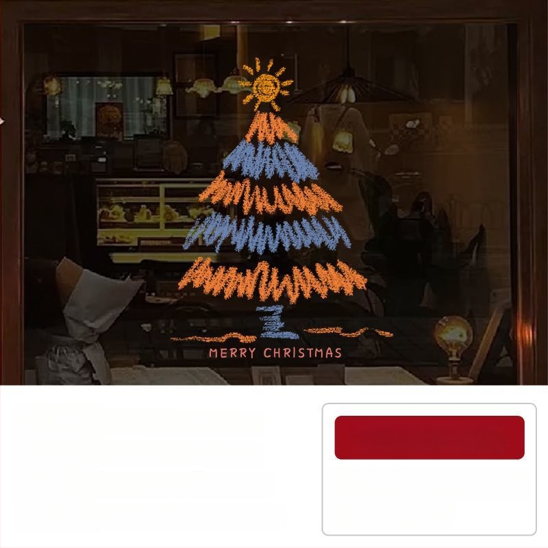 Elektriniai langų lipdukai Kalėdinėms dekoracijoms - Kalėdų Senelis su eglute, gėlių raštas, PVC, 5+ vnt, svetainė, plokšti sieniniai lipdukai