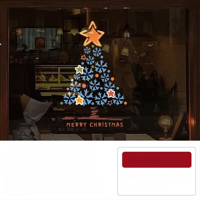 Elektriniai langų lipdukai Kalėdinėms dekoracijoms - Kalėdų Senelis su eglute, gėlių raštas, PVC, 5+ vnt, svetainė, plokšti sieniniai lipdukai