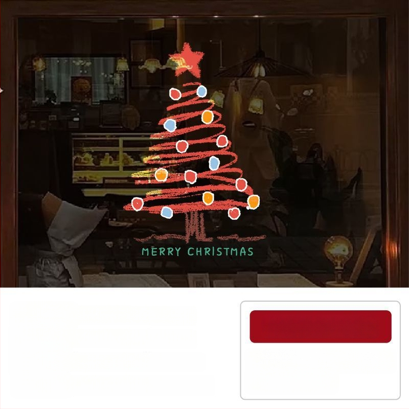 Elektriniai langų lipdukai Kalėdinėms dekoracijoms - Kalėdų Senelis su eglute, gėlių raštas, PVC, 5+ vnt, svetainė, plokšti sieniniai lipdukai