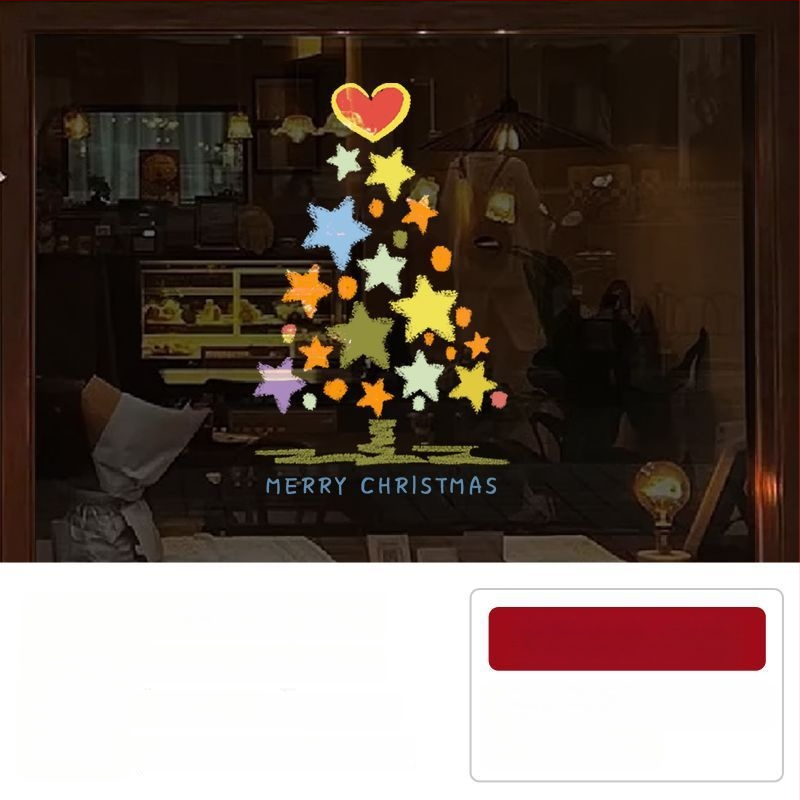 Elektriniai langų lipdukai Kalėdinėms dekoracijoms - Kalėdų Senelis su eglute, gėlių raštas, PVC, 5+ vnt, svetainė, plokšti sieniniai lipdukai