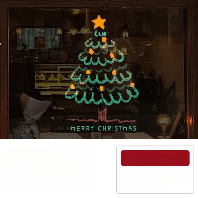 Elektriniai langų lipdukai Kalėdinėms dekoracijoms - Kalėdų Senelis su eglute, gėlių raštas, PVC, 5+ vnt, svetainė, plokšti sieniniai lipdukai