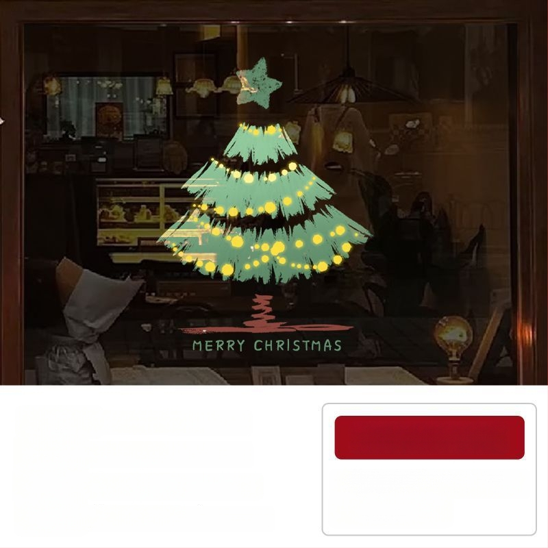 Elektriniai langų lipdukai Kalėdinėms dekoracijoms - Kalėdų Senelis su eglute, gėlių raštas, PVC, 5+ vnt, svetainė, plokšti sieniniai lipdukai