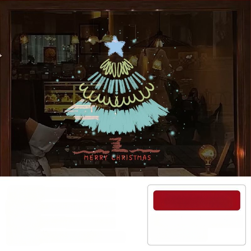 Elektriniai langų lipdukai Kalėdinėms dekoracijoms - Kalėdų Senelis su eglute, gėlių raštas, PVC, 5+ vnt, svetainė, plokšti sieniniai lipdukai