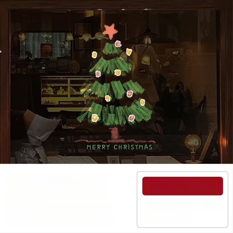 Elektriniai langų lipdukai Kalėdinėms dekoracijoms - Kalėdų Senelis su eglute, gėlių raštas, PVC, 5+ vnt, svetainė, plokšti sieniniai lipdukai