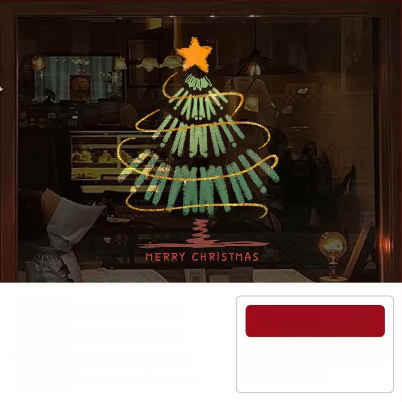 Elektriniai langų lipdukai Kalėdinėms dekoracijoms - Kalėdų Senelis su eglute, gėlių raštas, PVC, 5+ vnt, svetainė, plokšti sieniniai lipdukai