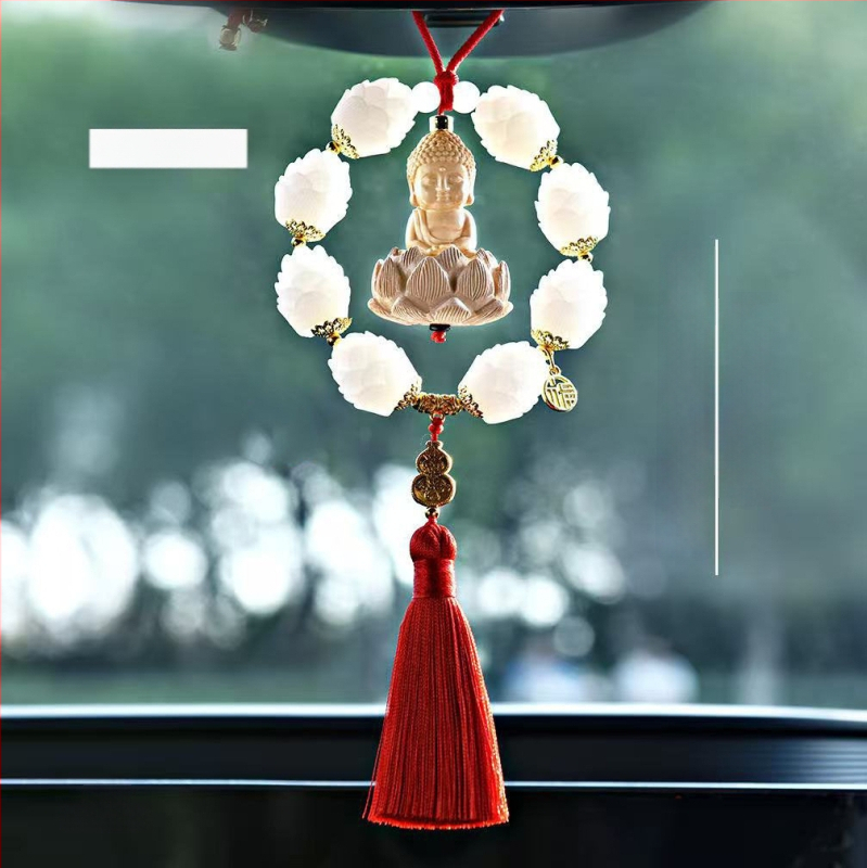 Дървен висящ декор за огледалото на автомобила, мотив Буда и лотос, дизайн с два пръстена