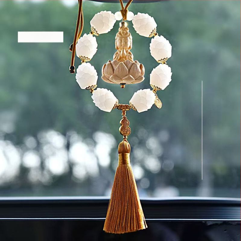 Дървен висящ декор за огледалото на автомобила, мотив Буда и лотос, дизайн с два пръстена