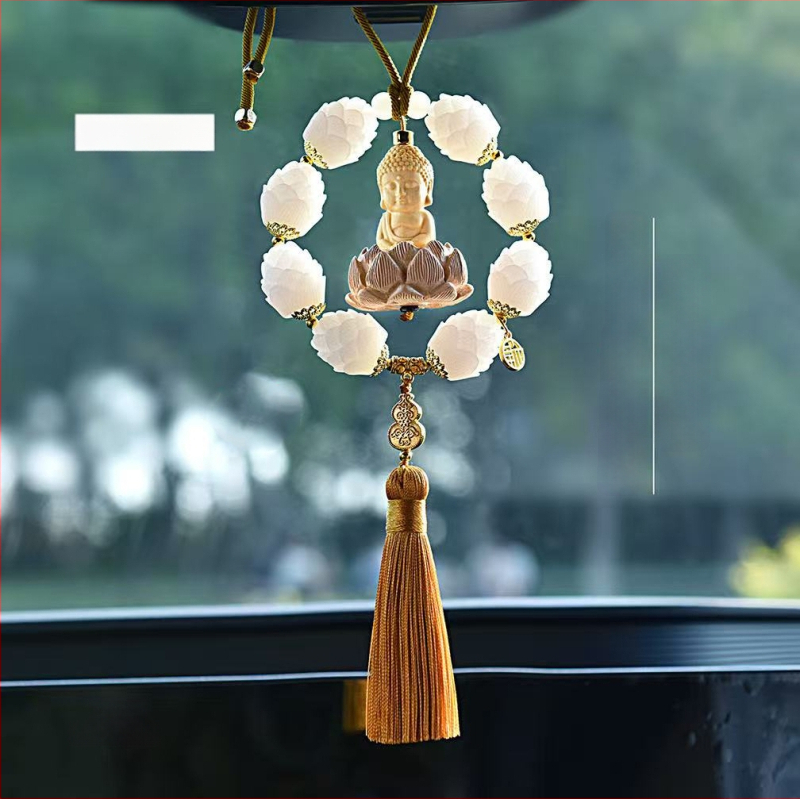 Дървен висящ декор за огледалото на автомобила, мотив Буда и лотос, дизайн с два пръстена