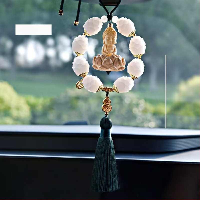Дървен висящ декор за огледалото на автомобила, мотив Буда и лотос, дизайн с два пръстена