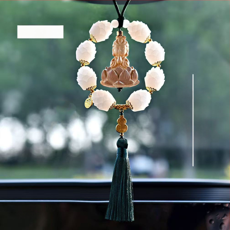 Дървен висящ декор за огледалото на автомобила, мотив Буда и лотос, дизайн с два пръстена