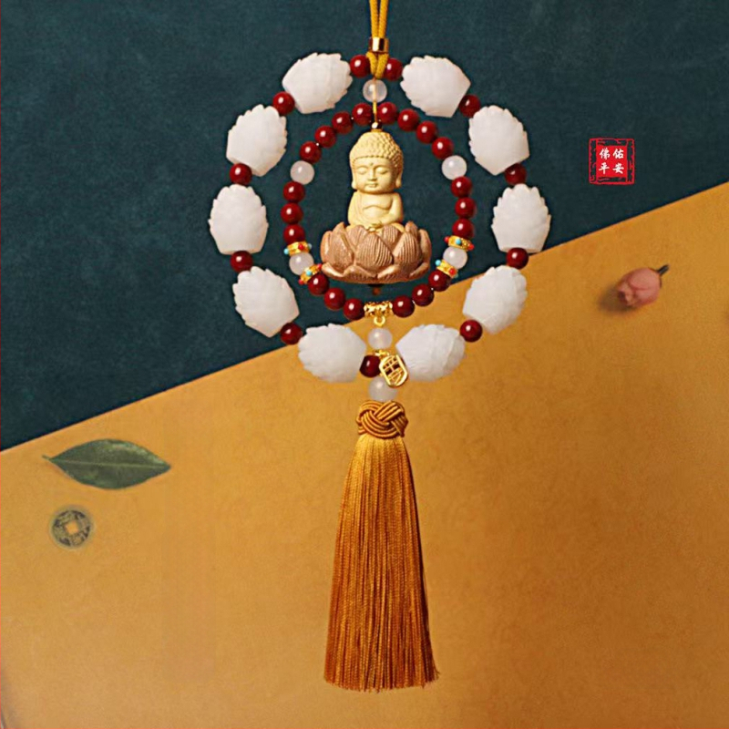 Дървен висящ декор за огледалото на автомобила, мотив Буда и лотос, дизайн с два пръстена