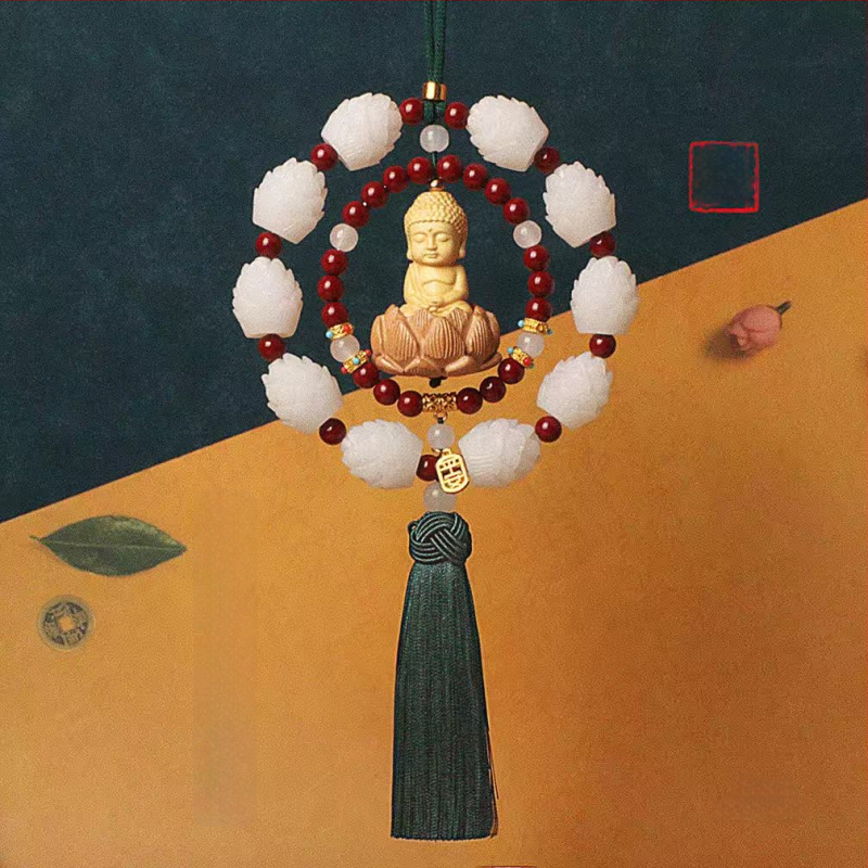 Дървен висящ декор за огледалото на автомобила, мотив Буда и лотос, дизайн с два пръстена