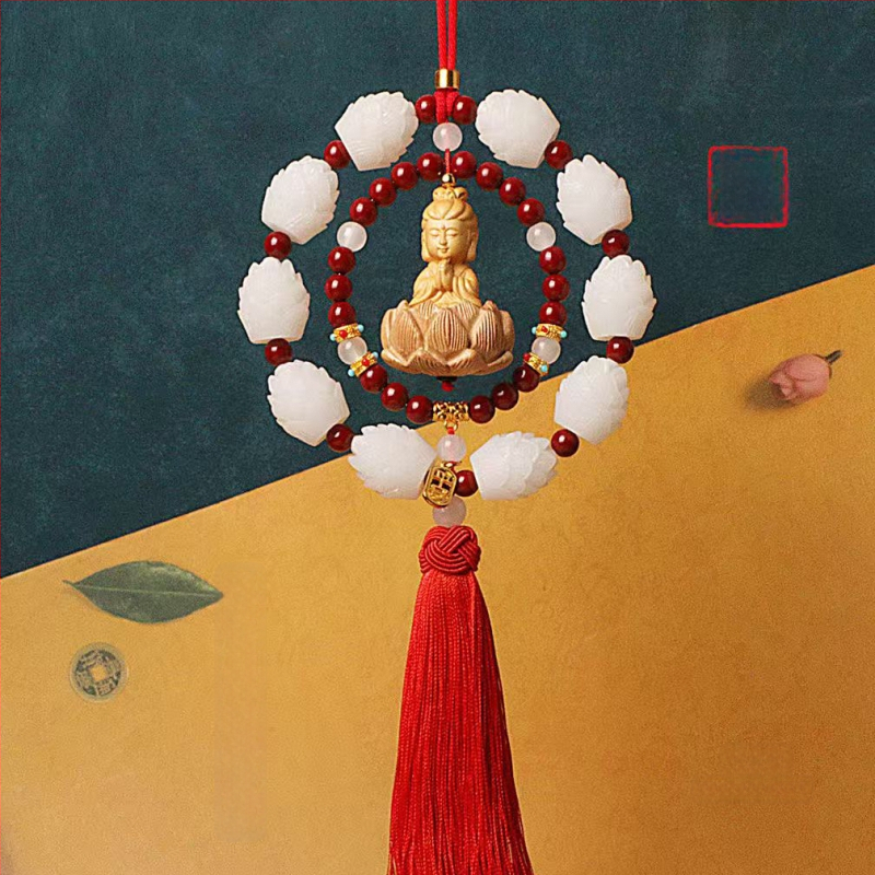 Дървен висящ декор за огледалото на автомобила, мотив Буда и лотос, дизайн с два пръстена