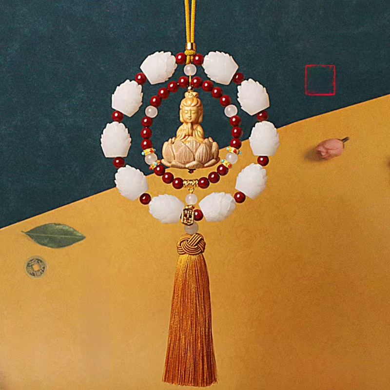 Дървен висящ декор за огледалото на автомобила, мотив Буда и лотос, дизайн с два пръстена