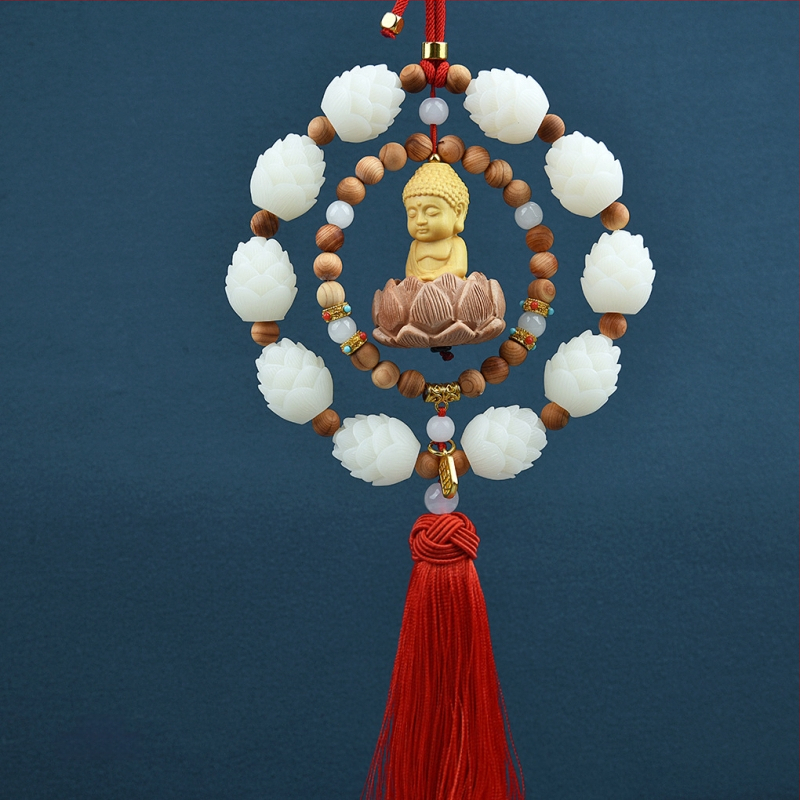 Дървен висящ декор за огледалото на автомобила, мотив Буда и лотос, дизайн с два пръстена