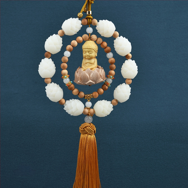 Дървен висящ декор за огледалото на автомобила, мотив Буда и лотос, дизайн с два пръстена